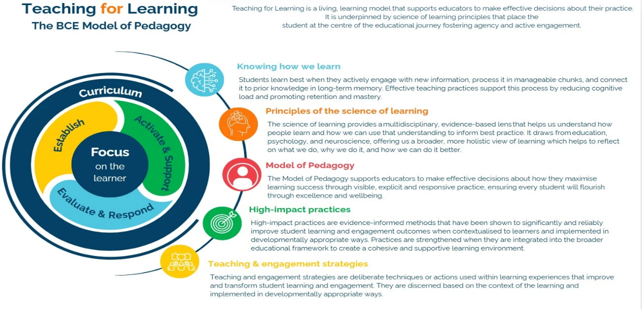 The BCE Model of Pedagogy: a circle with 'Focus on the learner' at the centre, surrounded by Curriculum, Establish, Activate & Support, and Evaluate & Respond, annotated with Knowing how we learn, Principles of the science of learning, Model of Pedagogy, High-impact practices, and Teaching & engagement strategies