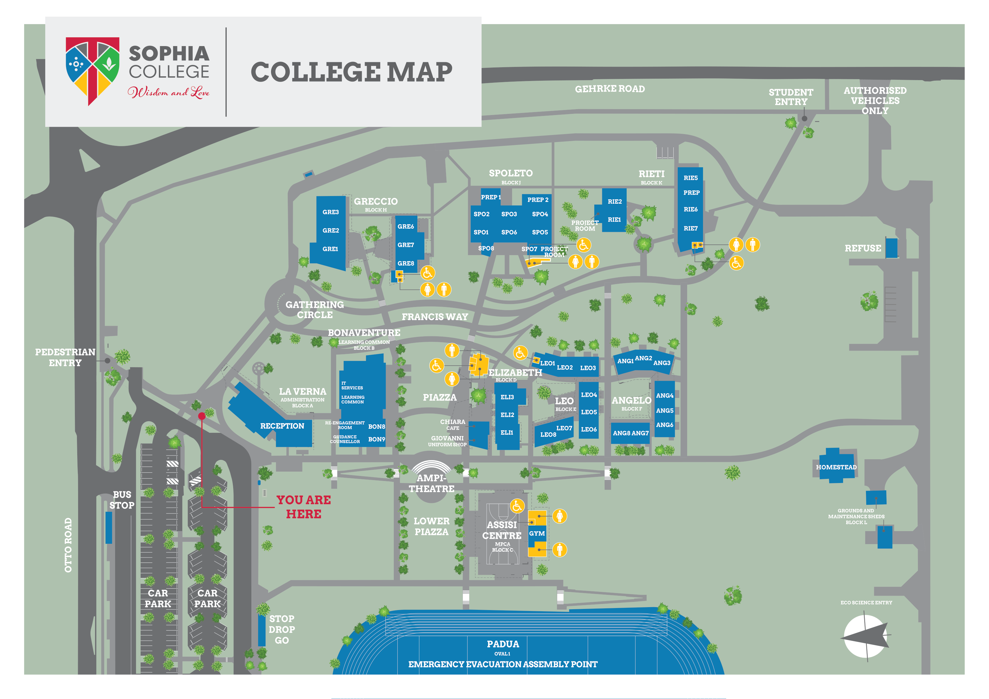 Sophia College campus map: entries off Otto Road (pedestrian, bus stop, two car parks, stop-drop-go) and Gehrke Road (student entry, authorised vehicles); a central Piazza with Chiara Café and Giovanni Uniform Shop surrounded by La Verna (Administration, Block A), the separate Reception building (sick bay, student/public reception), Bonaventure (Learning Common, Block B — IT Services, Re-Engagement Room, House Companions, ST:IEs, LIFE Companions, Guidance Counsellor), Elizabeth (Block D, ELI1-3), Leo (Block E, LEO1-8) and Angelo (Block F, ANG1-8); Greccio (Block H, GRE1-3 & GRE6-8), Spoleto (Block J, PREP1-2 & SPO1-8) and Rieti (Block K, RIE1-2, RIE5-7) to the north; the Assisi Centre/MPCA (Block C) and Gym near the Amphitheatre and Lower Piazza; Padua Oval 1 (the Emergency Evacuation Assembly Point) to the south; and Homestead plus Grounds & Maintenance Sheds (Block L) to the east near the Eco Science Entry.