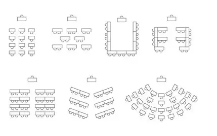 Classroom seating layout options: rows, U-shape/horseshoe, pods/clusters, and circle arrangements